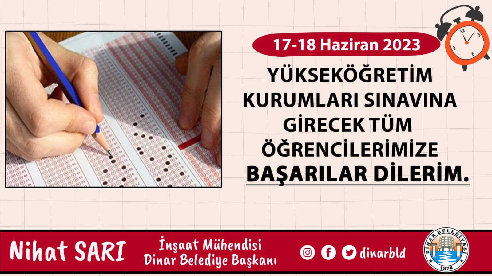 BELEDİYE BAŞKANIMIZ NİHAT SARI, YKS SINAVINA GİRECEK ÖĞRENCİLERE BAŞARILAR DİLEDİ
