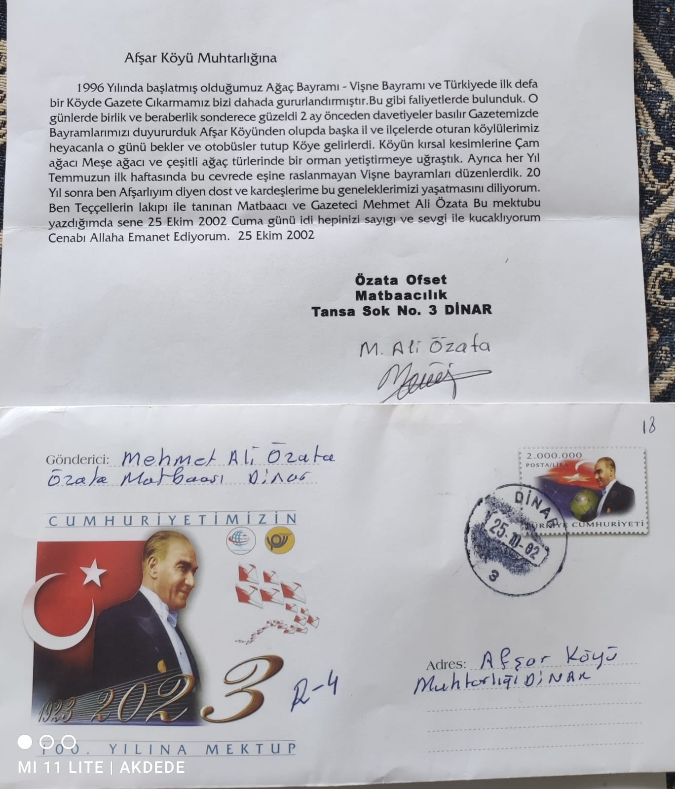 GAZETEMİZ SAHİBİ M. ALİ ÖZATA’NIN 100 . YIL MEKTUBU