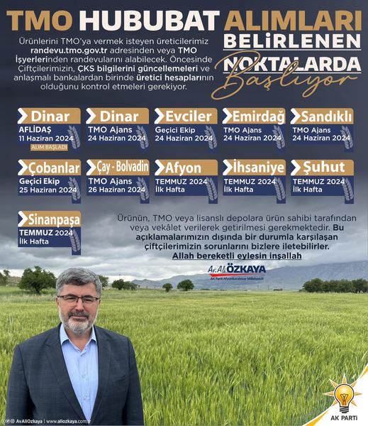 Milletvekilimiz Ali Özkaya; “Afyonkarahisar’ımızın değerli çiftçileri;”