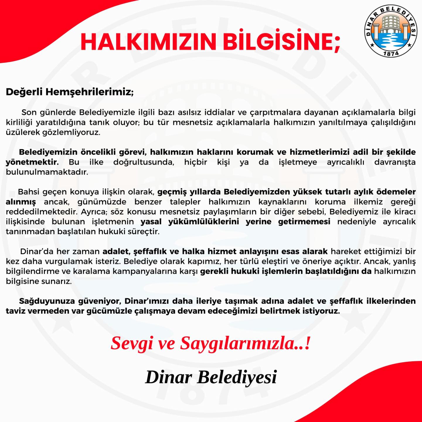 DİNAR BELEDİYESİNDEN BASIN AÇIKLAMASI